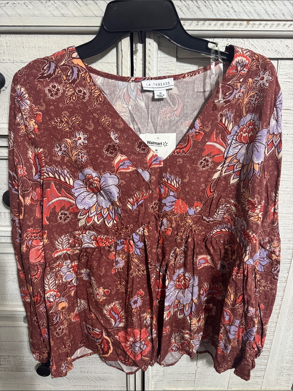 NWT LA Threads Floral V-Neck Peasant Blouse - Rust Lavender